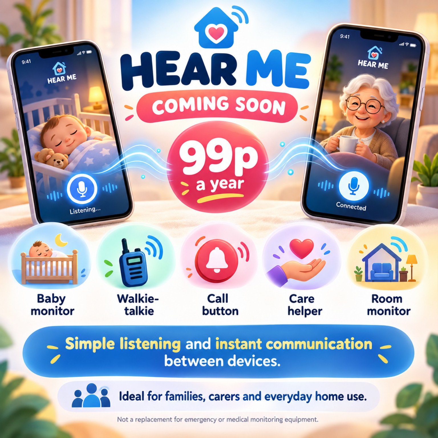 Hear Me coming soon - baby monitor, walkie-talkie, call button, care helper and room monitor
